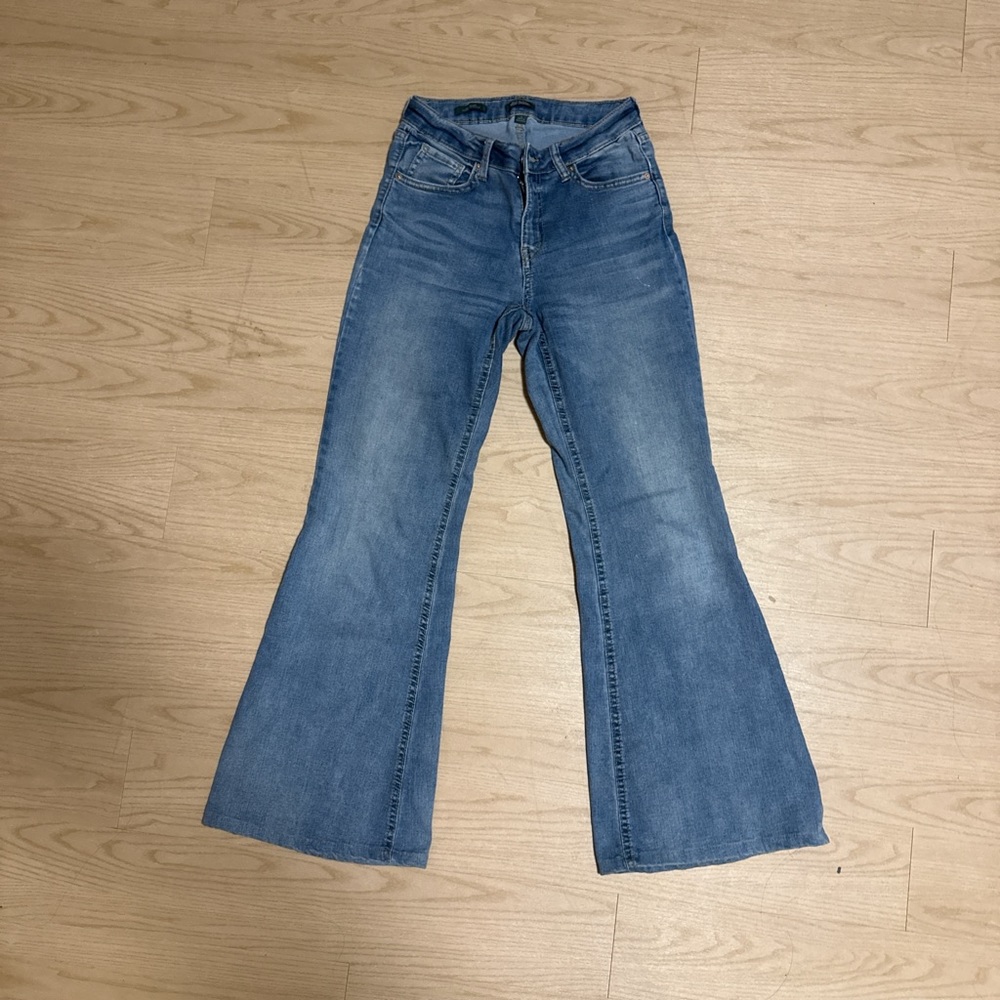 Blue Flare Wide Leg Jeans with High-Rise Waist
